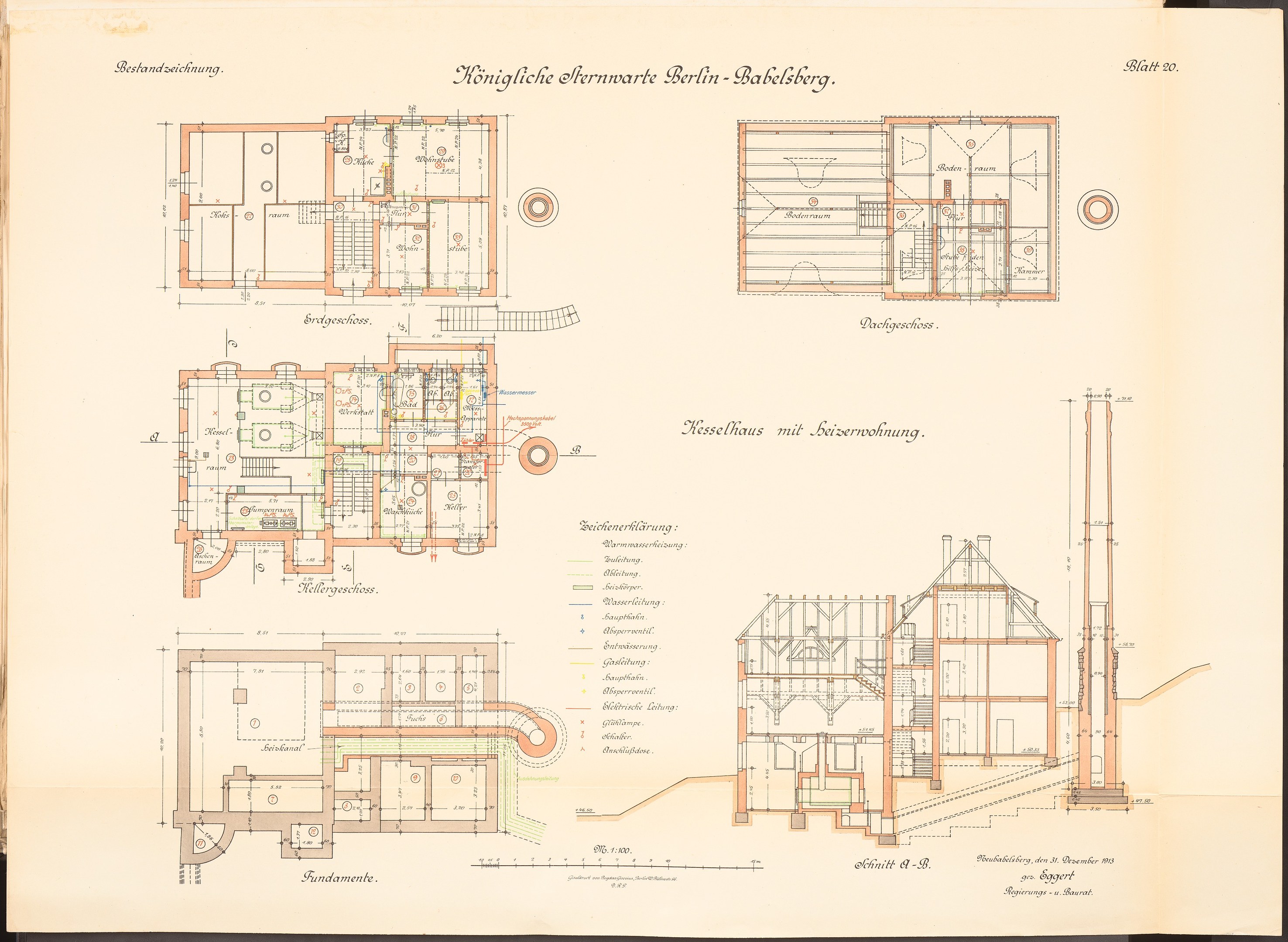 Altes Buch mit detaillierten architecturalen Plänen und Text, das eine Zeichnung des ursprünglichen Plans für das Königliche Hermwerk Berlin-Baklberg zeigt.