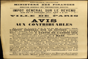 Eine alte Zeitungsanzeige für das Finanzministerium in Paris, Frankreich, mit Text auf schwarzem Hintergrund.