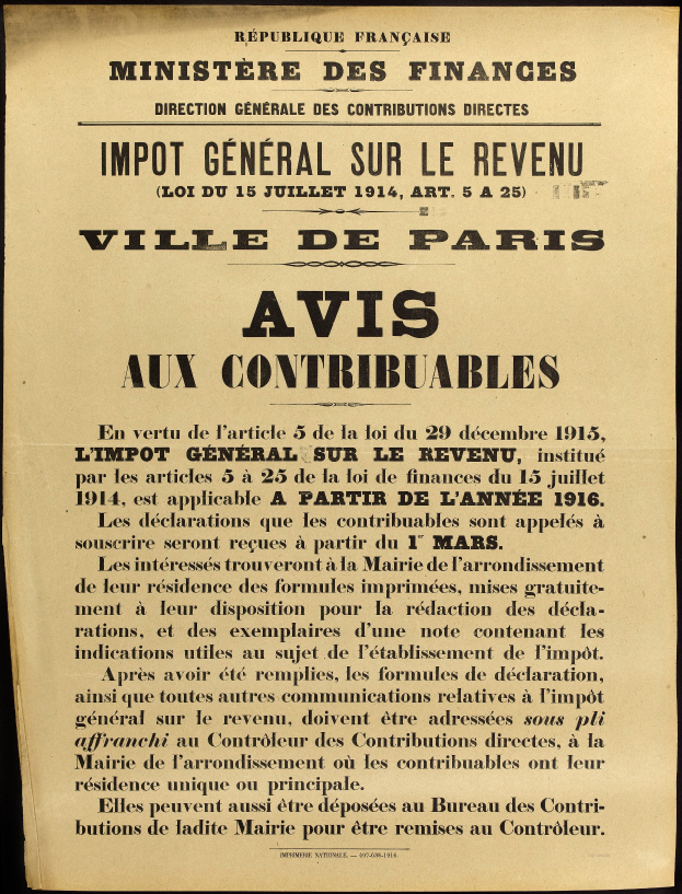 Eine alte Zeitungsanzeige für das Finanzministerium in Paris, Frankreich, mit Text auf schwarzem Hintergrund.