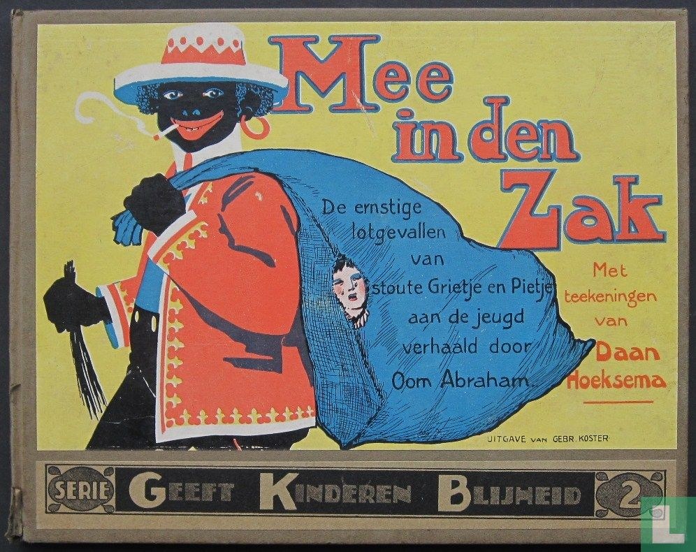 Plakat auf schwarzem Hintergrund mit dem Text "mee in den zak" (Niederländisch für "me in the bag") und einem Bild einer Person in einem weißen Hemd und einer blauen Mütze mit einem verschmitzten Gesichtsausdruck.