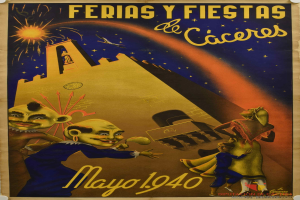 Ein farbiges Plakat an einer Gebäudewand, das ein Karneval in Mexiko bewirbt, mit Cartoon-Bildern und Text.