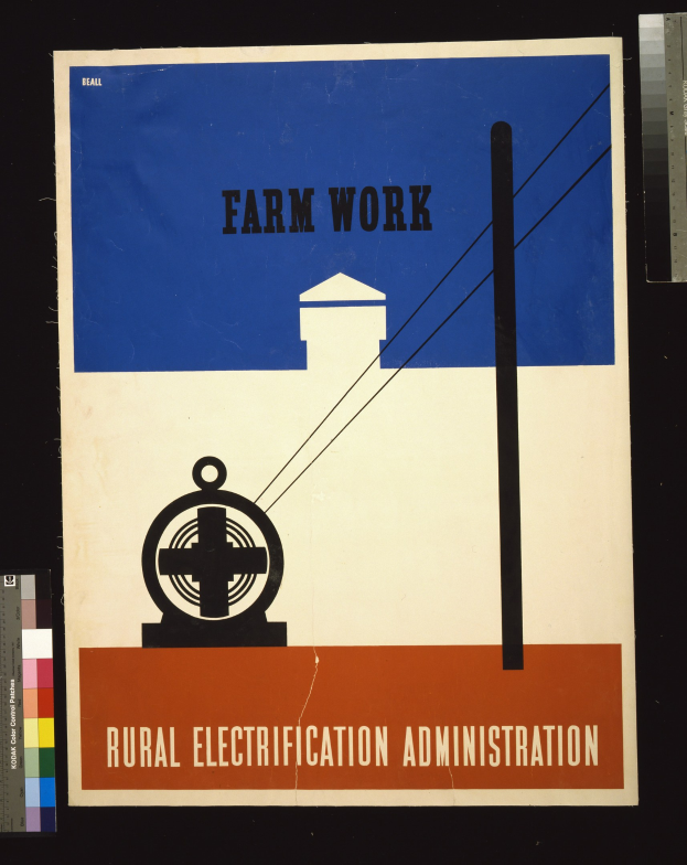 Plakat mit fetter schwarzer Schrift "Landwirtschaftliche Arbeit Stromversorgung" auf weißem Hintergrund, eingerahmt von einem schmalen schwarzen Rand, mit einer Grafik eines Bauernhofs mit Traktor und Scheune.