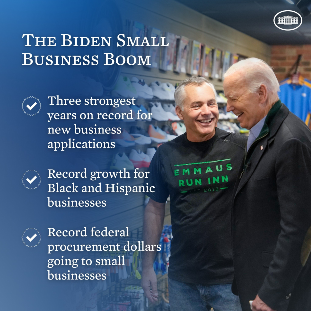 Zwei Männer, die lächeln und einer ein Objekt hält, mit dem Text "The Biden Small Business Boom" links und Kleidungsstücken im Hintergrund.