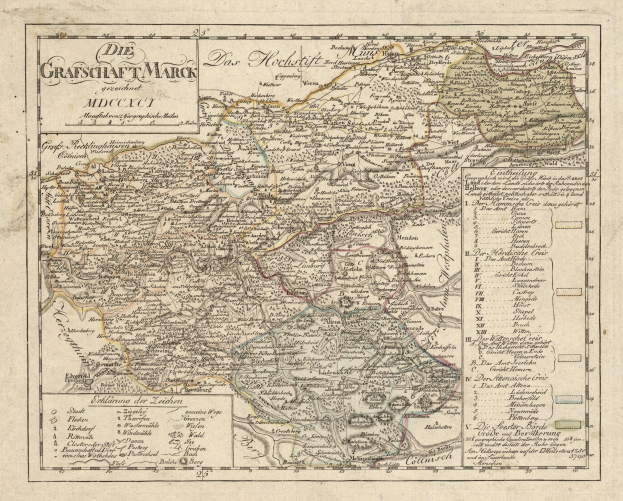 Ein detaillierter Vintage-Plan von München, Deutschland, mit Straßen, Parks, Flüssen und Bergen in einem dekorativen Rahmen in Blau-, Grün- und Gelbtönen.