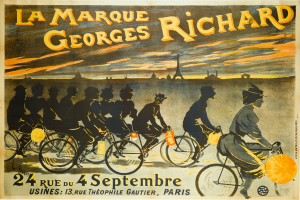 Ein Plakat, das ein Fahrradrennen in Paris, Frankreich, ankündigt, mit einer Gruppe von Radfahrern im Vordergrund und dem Eiffelturm im Hintergrund sowie Text, der das Ereignis beschreibt.