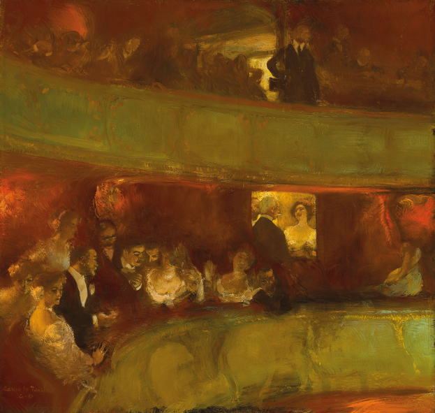 Ein Gemälde einer vielfältigen Gruppe von Menschen in einem hell erleuchteten Theater, einige stehen, einige sitzen, alle in feierlicher Kleidung, die eine lebendige und einladende Atmosphäre schaffen.