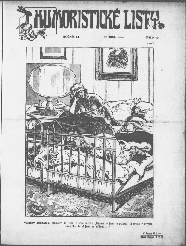 Schwarze und weiße Zeichnung einer Person, die auf einem Bett liegt, mit einem Spiegel auf dem Nachttisch und einem Rahmen an der Wand, begleitet von Text, der "humoristicke list - tschechische republik - april 20, 1920" oben und unten zeigt.
