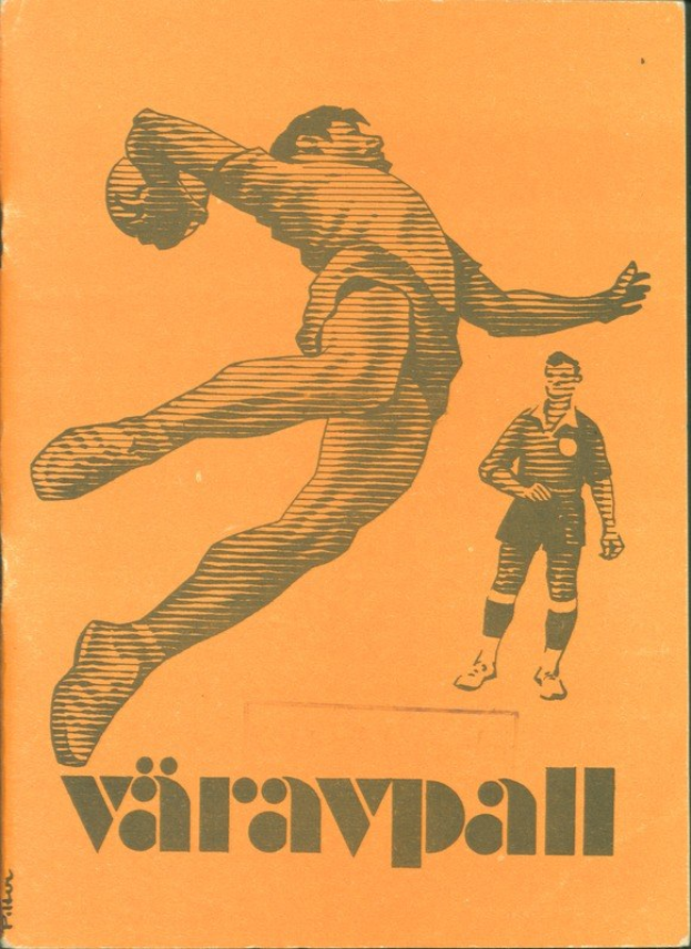 Buchumschlag mit einem Mann in Fußballuniform, der einen Fußball tritt, mit entschlossener Miene und der Aufschrift "Värvall Football Programme".