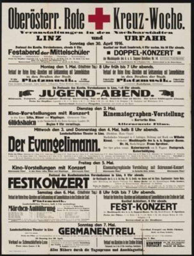 Werbung des Deutschen Roten Kreuzes aus einer deutschen Zeitung von 1916, die Text und ein Pluszeichen enthält.