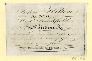Ein Blatt mit dem Text "John Hilton, at No. 67, West Smithfield, London" darauf geschrieben.