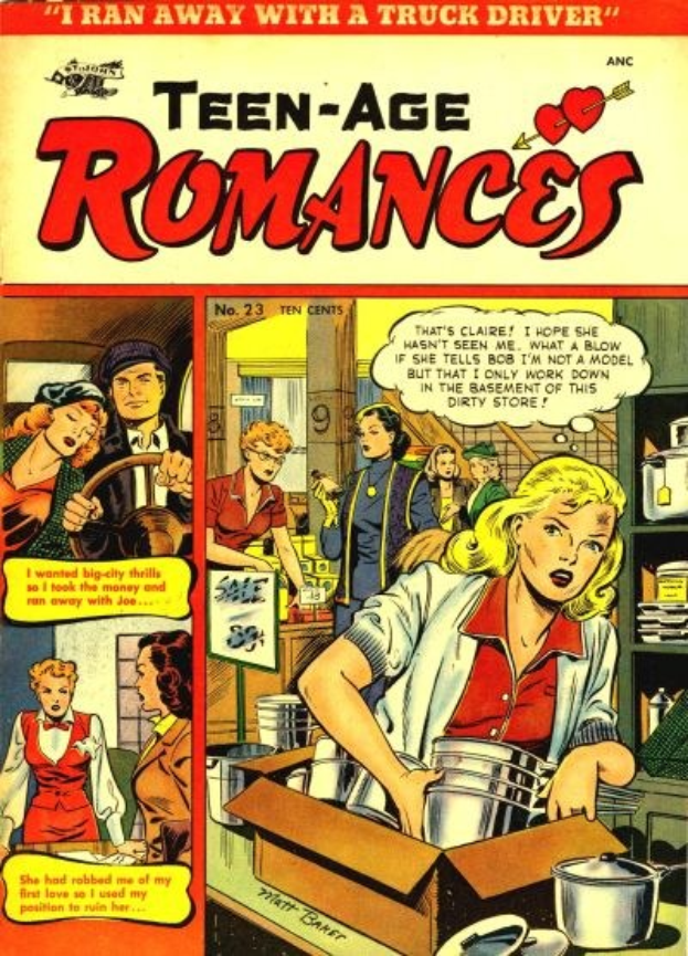 Ein lebendiger DC-Comics-Plakat titled "Teen-Age Romances 23-A" zeigt eine strahlende Gruppe von Menschen in einer romantischen Umarmung.