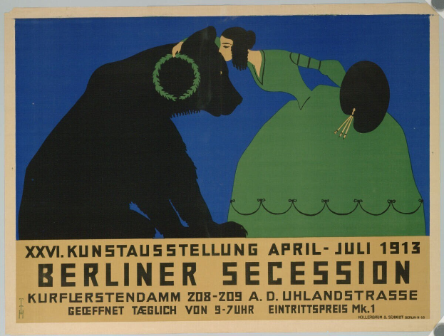 Ein Plakat für die Berliner Secession im Jahr 1913, das eine Frau und einen Hund mit Text zeigt.