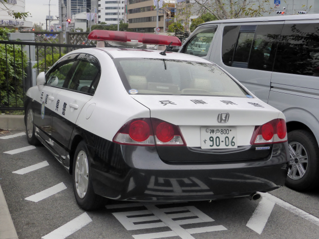 Ein Polizeiwagen auf einem Parkplatz neben einem weißen Van geparkt, mit einem Metallzaun, Pflanzen, Bäumen, Schildern, Straßenlaternen, Ampeln und Gebäuden mit Fenstern im Hintergrund unter einem bewölkten Himmel.