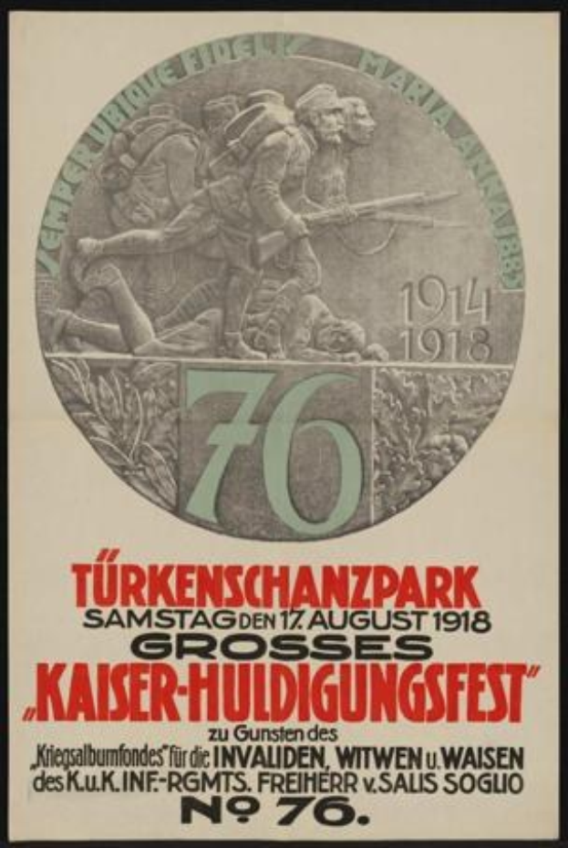 Plakat zum 70-jährigen Jubiläum des Kaiser-Huldigungsfestes in Berlin, Deutschland, mit einer Gruppe von Menschen in der Mitte, umgeben von Text und Zahlen, in einem klassischen Foto Rahmen.