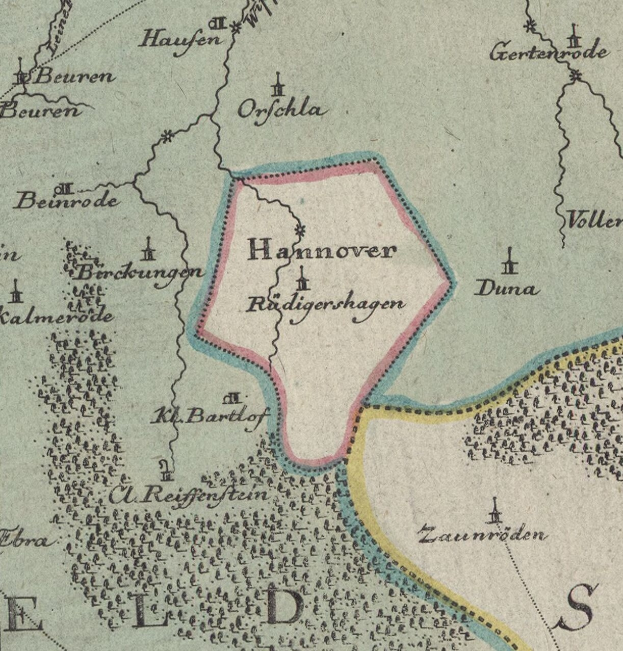 Detailiertes altes Stadtplan von Hannover, Deutschland, zeigt Städte, Ortschaften, geografische Merkmale, Bevölkerung, Straßen und Sehenswürdigkeiten mit Textanmerkungen.