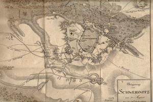 Ausführliche alte Karte von Schweidnitz, Deutschland, zeigt Straßen, Gebäude und Sehenswürdigkeiten mit begleitendem Text über Bevölkerung, Geschichte und Kultur.