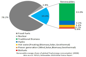Tortendiagramm, das den globalen Verbrauch erneuerbarer Energien im Jahr 2008 zeigt, unterteilt in Abschnitte für fossile Brennstoffe, Kernenergie, Wasserkraft, Heizung mit Warmwasser, Biomasse, Solarenergie, Geothermie und Biokraftstoffe.