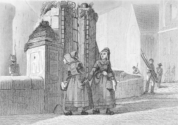 Schwarz-Weiß-Gravur Von Zwei Frauen, Die Vor Einem Gebäude Stehen, Mit Anderen Leuten Im Hintergrund Und Text, Der 'Victorianische Frauen In Der Stadt London' Liest.