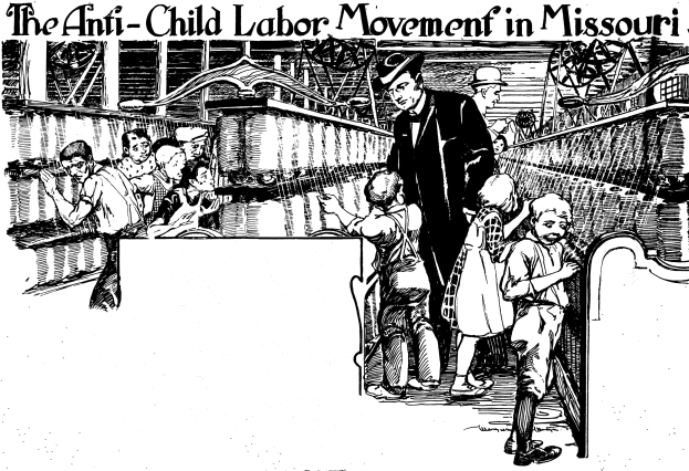 Plakat mit der Aufschrift "Die Anti-Kinderarbeit-Bewegung in Missouri" zeigt eine Gruppe von Menschen in traditioneller Kleidung, einige stehen, andere sitzen, mit Gesichtern voller Sorge und Angst.