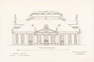 Eine Zeichnung des Schlosshofs in Dresden, Deutschland, die eine Gebäude фасад mit zahlreichen Fenstern und Statuen auf der Oberseite zeigt, auf Papier skizziert mit etwas Text.