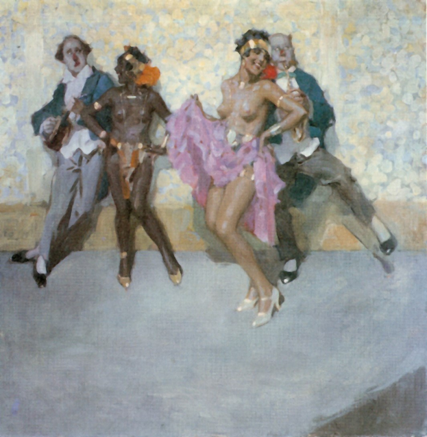 Bild einer Person, die auf einer Bühne tanzt, mit einer Wand im Hintergrund, die eine Frau in der Mitte mit Schuhen zeigt.