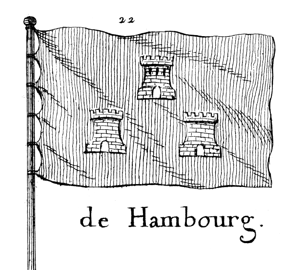 Ein Schwarz-Weiß-Zeichnung einer Flagge mit den Worten "de hamburg" darauf, befestigt an einem Stab, mit Text am unteren Rand des Bildes.