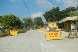Eine Straße mit einem gelben "Vorsicht Schulbereich"-Schild, parkende Fahrzeuge auf der rechten Seite und im Hintergrund Bäume, Gebäude, Mäste, Drähte und Himmel.