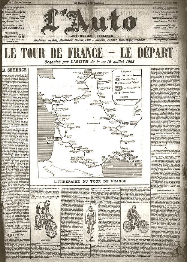 Eine alte Zeitung mit einer Karte von Frankreich, Text und Bildern von Menschen, die Fahrräder fahren.