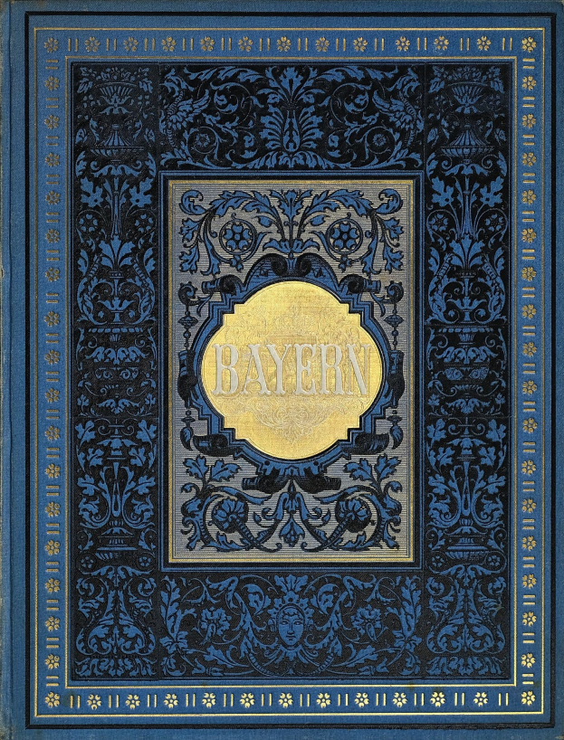 Blau-goldenes Buch mit dem Wort "Bayern" auf dem Cover, das dekorative Designs aufweist.