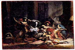 Gemälde namens "Die Tanzstunde" von Edward Burne-Jones, das eine Gruppe von Menschen zeigt, die in einem Raum tanzen, mit einer Tür und einer Wand im Hintergrund, mit leuchtenden Farben und sichtbaren Pinselstrichen.