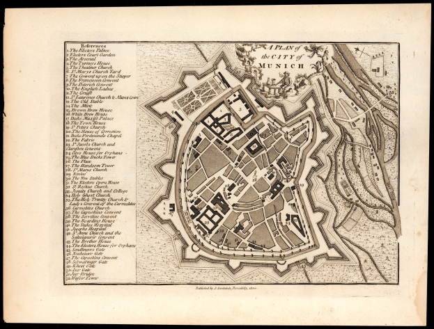 Ein altes Stadtplan von München, Deutschland, mit einem schwarzen Hintergrund, der detaillierte Straßen, Gebäude und Sehenswürdigkeiten zeigt, zusammen mit Text, der zusätzliche Informationen bietet.