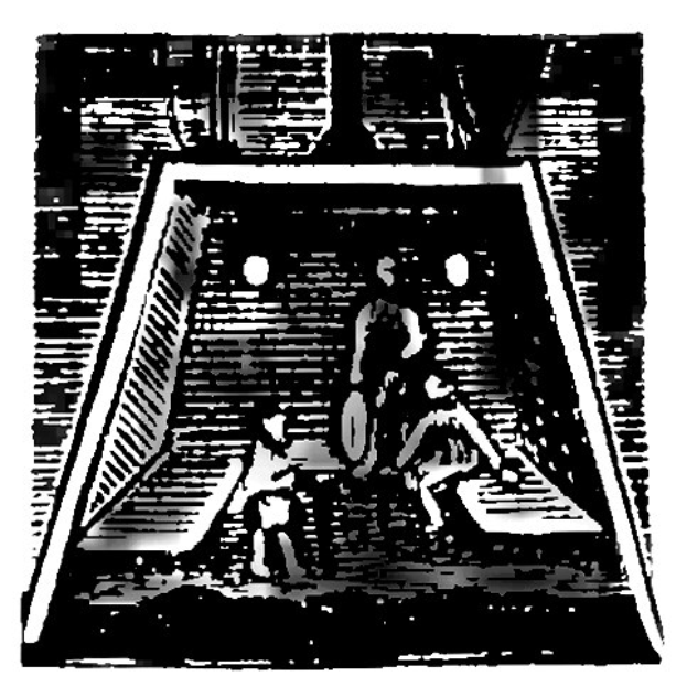 Eine Schwarz-Weiß-Zeichnung eines Fußballspiels im Gange, das zwei Spieler in Uniformen zeigt, wobei ein Torpfosten in der Ecke sichtbar ist.