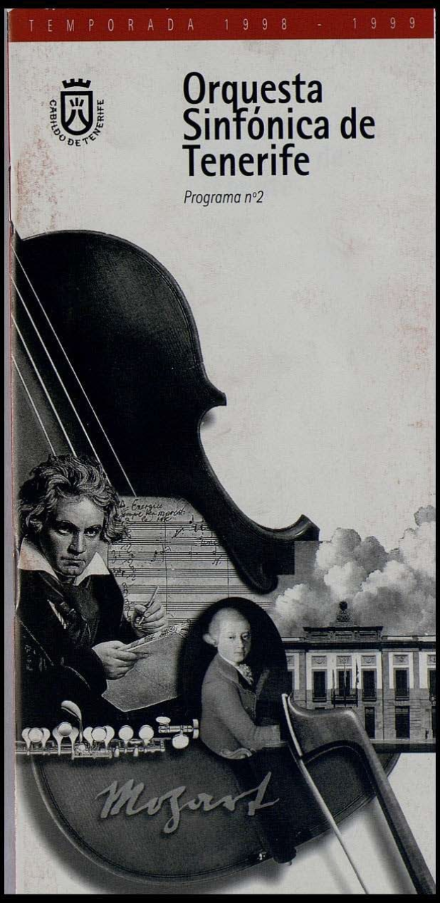 Plakat für Mozarts Symphonie Nr. 2 D-Dur, Op. 63, mit zwei Geigern im Vordergrund und einem Gebäude im Hintergrund, betitelt "Orquesta Sinfónica de Tenerife Programa Nº 2".
