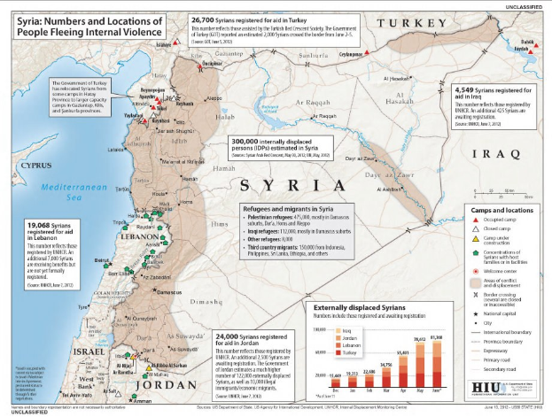 Ein Plakat mit einer Karte von Syrien mit Daten zu Binnenflüchtlingen aufgrund von Gewalt, begleitet von Text und Grafiken.