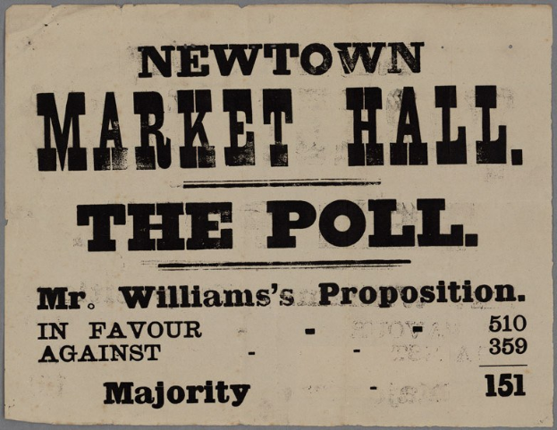 Papier mit handgeschriebenem Text: "Newtown Market Hall, die Wahl, Mr. Williams Proposition für gegen Mehrheit."