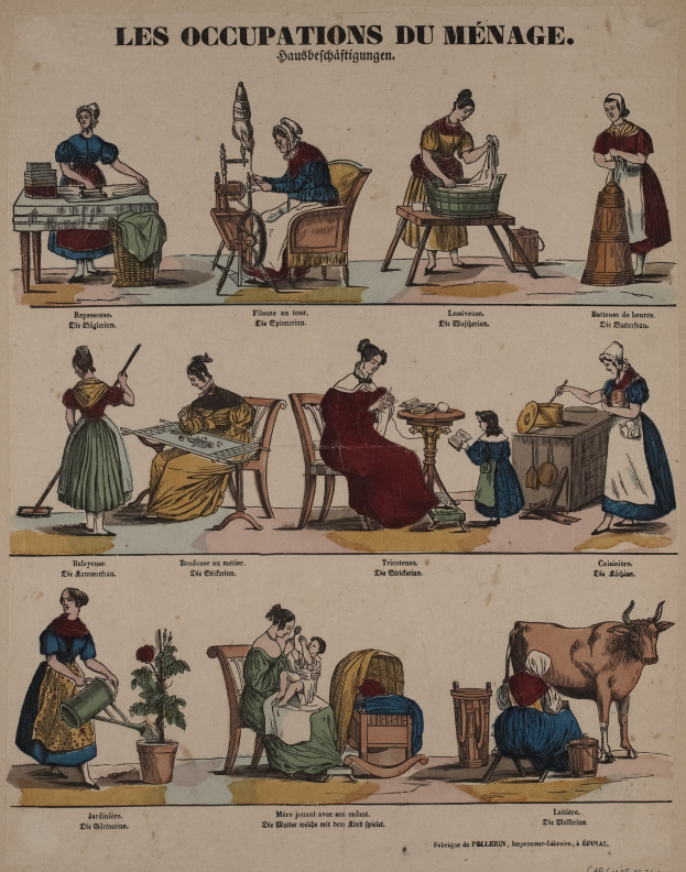 Ein Plakat aus dem 19. Jahrhundert, das berufsbezogene Geschlechterrollen zeigt, mit sitzenden und stehenden Figuren sowie Gegenständen wie einer Kuh und einer Topfpflanze, begleitet von erklärendem Text.