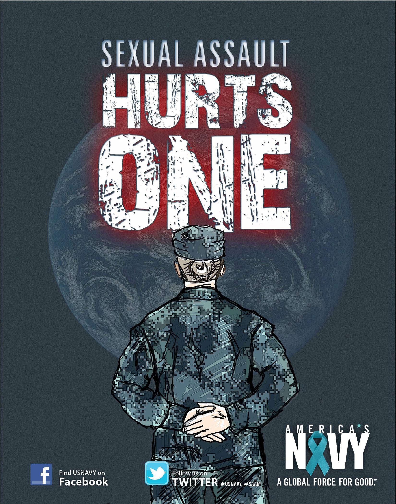 Ein Plakat mit einer Person in militärischer Uniform in der Mitte, umgeben von Logos und fetter schwarzer Schrift, die "Sexual Assault Hurts One" lautet.