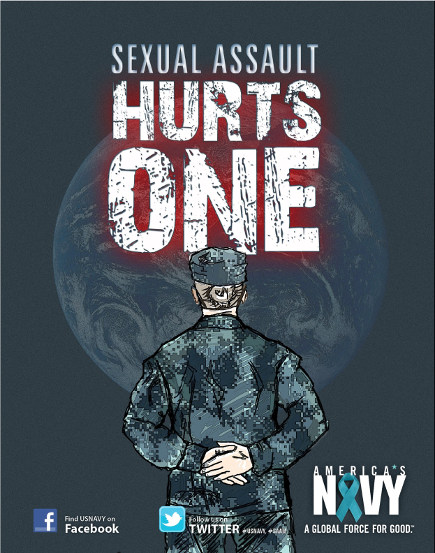 Ein Plakat mit einer Person in militärischer Uniform in der Mitte, umgeben von Logos und fetter schwarzer Schrift, die "Sexual Assault Hurts One" lautet.