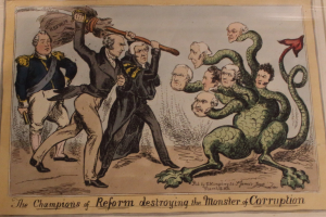 Ein Cartoon auf Papier zeigt Figuren, die als Reformchampions bezeichnet werden, die ein als Korruption bezeichnetes Monster angreifen, mit begleitendem Text, der "Die Reformchampions zerstören das Monster der Korruption" lautet.