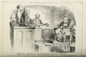 Eine Zeichnung von einer Gruppe von Menschen, die um einen Tisch sitzen, mit Büchern und anderen Gegenständen, und Text unten, der "brutaler Angriff - vorläufig festgenommen" liest.