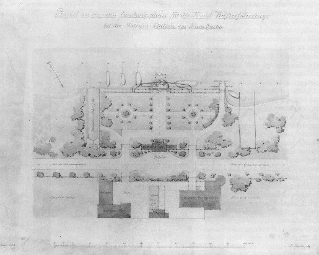 Schwarz-weißer architektonischer Plan eines Gartens in Stuttgart, Deutschland, mit zahlreichen Bäumen und Pflanzen und handgeschriebener Text.