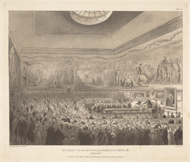 Eine Gravur eines großen Raums voller Menschen, einige stehen, einige sitzen, mit Fotorahmen an den Wänden und einer Decke darüber. Unten im Bild steht Text, der 'Gesellschaft zur Förderung der Künste' lautet.