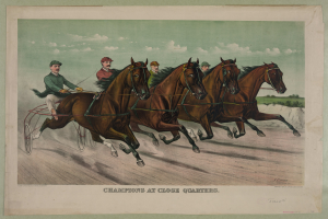 Gruppe von Menschen, die in einer Pferdekutsche auf einer von Bäumen gesäumten Straße unter einem klaren blauen Himmel rasen - "Champions at Close Quarters" Text unten.