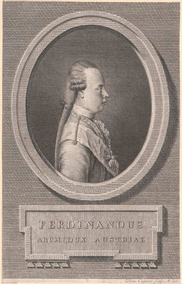Gravur von Ferdinand III., Erzherzog von Österreich, mit einem zentralen Porträt, das sein Gesicht, einen seitlichen Blick, ein leichtes Lächeln, zurückgekämmtes Haar und einen dunklen Mantel mit hohem Kragen zeigt, begleitet von Text unten.