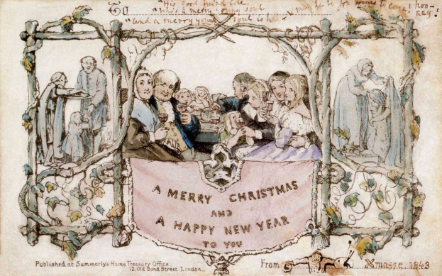 Eine Gruppe von Menschen in festlicher Kleidung versammelt sich um einen Tisch unter einem Banner mit der Aufschrift "Fröhliche Weihnachten und ein gutes neues Jahr", sie lächeln und feiern die Weihnachtszeit.