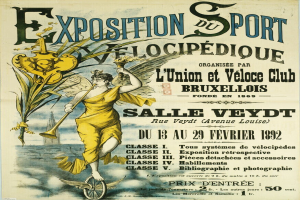 Ein Vintage-Plakat eines Radfahrers in einem leuchtend gelben Kleid mit entschlossener Miene, das eine Sportausstellung bewirbt.