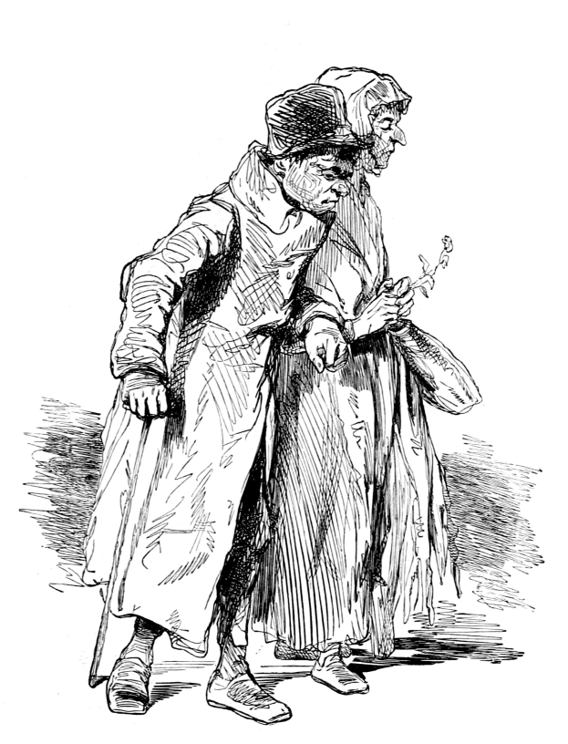 Schwarz-weiß-Foto eines alten Mannes mit Hut und einer Frau, die zusammen gehen, wobei die Frau ein Objekt in der Hand hölt.