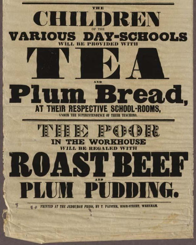 Ein Blatt mit der Aufschrift "Die Kinder der verschiedenen Tagesschulen erhalten Tee, Pflaumenbrot und Rinderbraten und Pflaumenpudding."