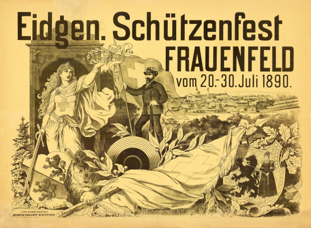 Plakat zum Eidgen Schützenfest in Frauenfeld, Deutschland, mit einem Mann im Anzug und einer Frau im Kleid nebeneinanderstehend.