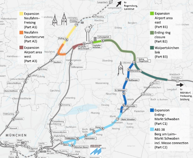 Eine detaillierte Stadtkarte, die eine Bahnroute von München nach Frankfurt mit markierten Haltestellen, Entfernung und zusätzlichen Bahninformationen hervorhebt.
